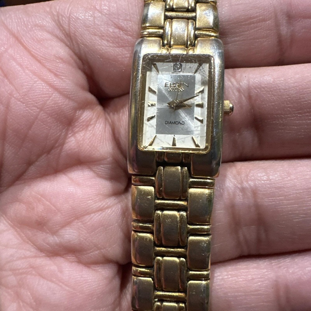 RUNNING GOLDTONE ELGIN SWISS MOVT DIAMOND WOMEN'S WRIST WATCH